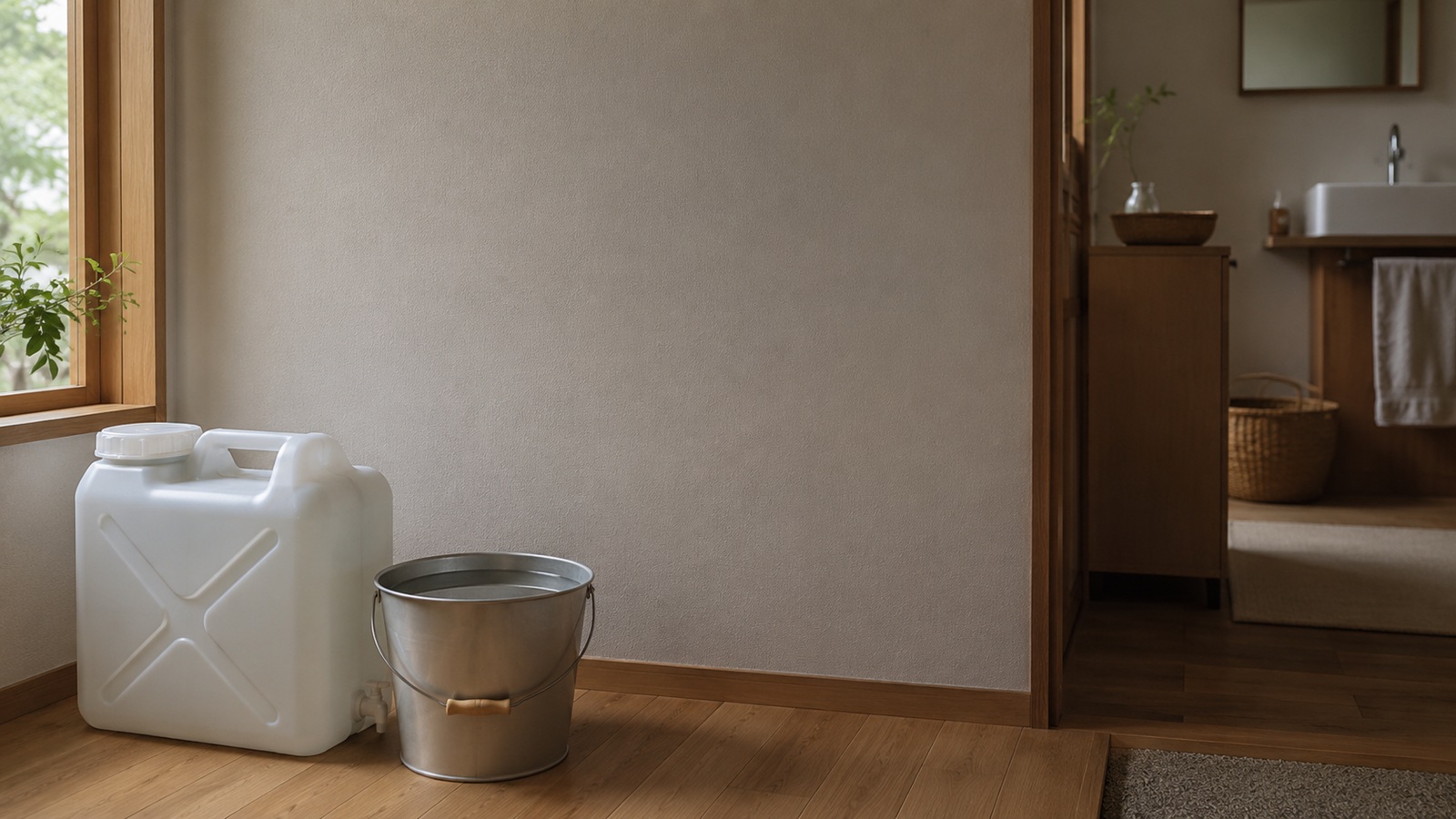 断水したトイレでバケツの水を使うイメージ