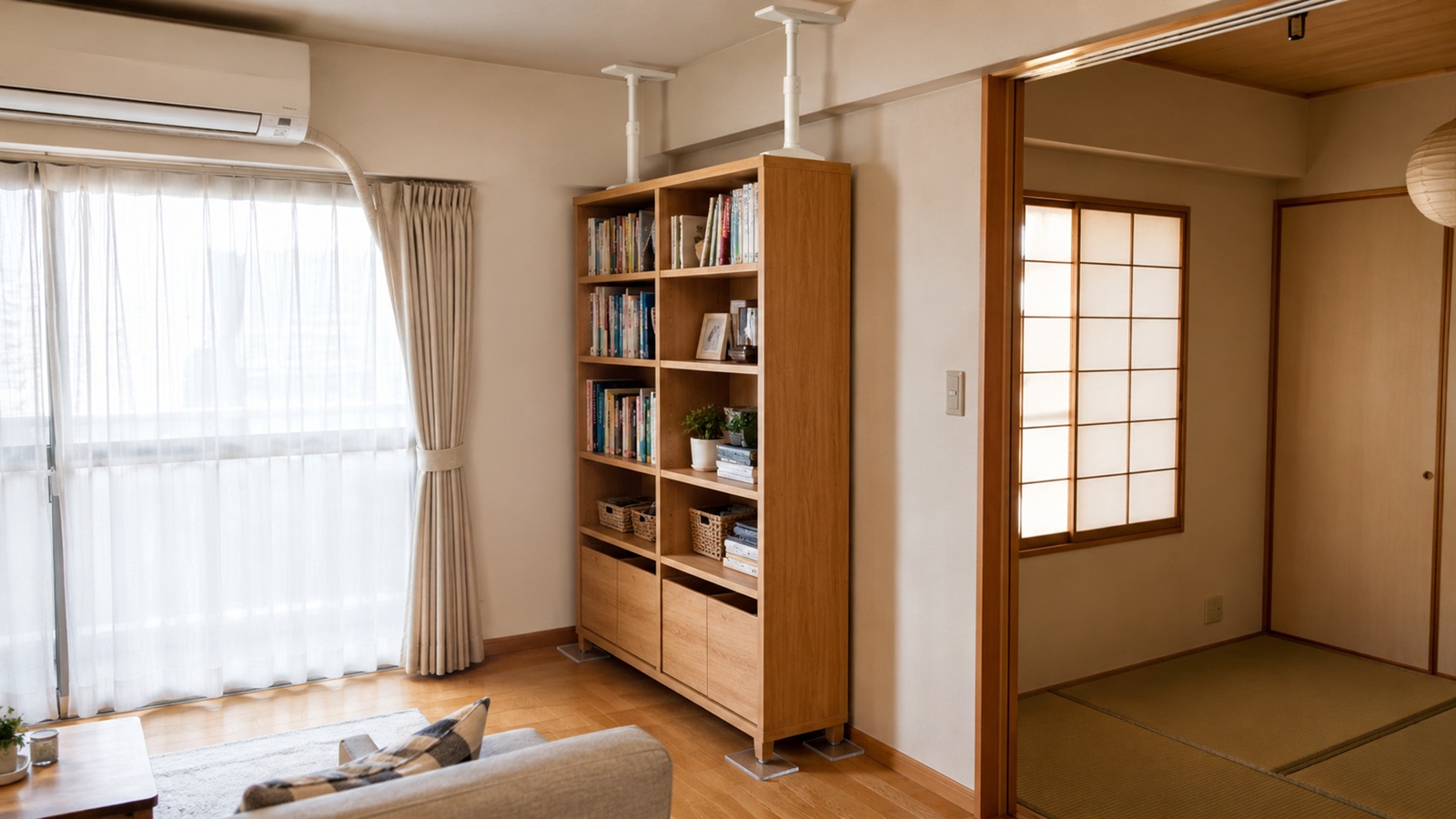 賃貸の部屋で家具に突っ張り棒と耐震マットを設置しているイメージ